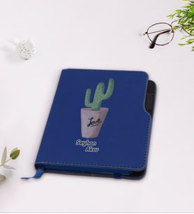 BK Gift Kişiye Özel Kaktüs Tasarımlı Lacivert Termo Deri Defter-5