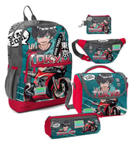 Coral High Erkek Çocuk Gri Nefti Anime Motorsiklet Desenli Beşli İlkokul Okul Çanta Seti (Çok Renkli)