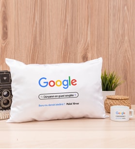 Kişiye Özel Google Tasarım Esprili Dikdörtgen Yastık ve Fincan