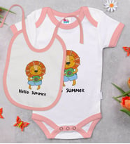 BK Kids Hello Summer Tasarımlı Pembe Bebek Body Zıbın ve Mama Önlüğü Hediye Seti-1