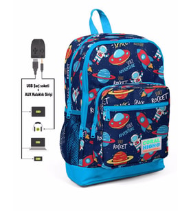 Coral High Kids Dört Gözlü Erkek Çocuk İlkokul Çantası - Uzay Macerası Desenli - USB+AUX Soketli