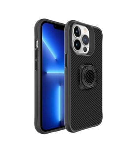 Uyumlu Model Apple iPhone 13 Pro Max Kılıf Karbonfiber Yüzüklü Kapak (Siyah)