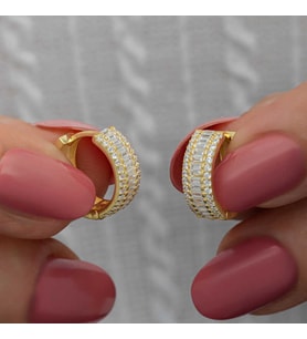 Gümüş Gold Baget Sıra Taşlı Halka Küpe