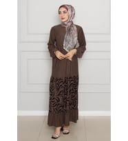 Eteği Desenli Karin Elbise-Kahverengi