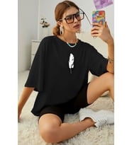 Unisex Tüy  Baskılı T-shirt (Siyah)