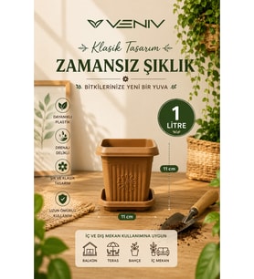 Dekoratif Antik Kare Alt Tabaklı Saksı 1 Litre 1 Adet