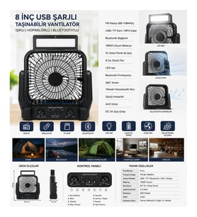 8 İnç Solar Kamp Vantilatörü FM Radyolu Bluetooth Hoparlörlü LED Işıklı PD950