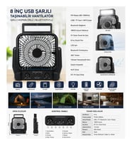 8 İnç Solar Kamp Vantilatörü FM Radyolu Bluetooth Hoparlörlü LED Işıklı PD950
