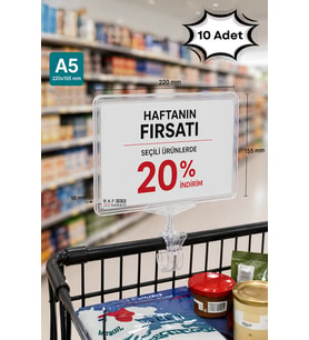 10 Adet - A5 Mandallı Etiketlik Fiyatlık Sepet Raf Askılık Fiyat Etiketi Çerçeveli Market Mağaza Şeffaf