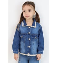Breeze Kız Çocuk Jean Ceket Yaka & Alt Kısmı Güpür Cep Kapak Detaylı 3-7 Yaş, Mavi