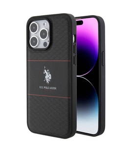 Apple iPhone 15 Pro Max Uyumlu Kılıf U.S. Polo Assn. Orjinal Lisanslı Deri Şeritli Logo Dizayn Kapak (Siyah)