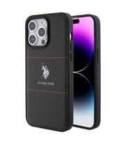 Apple iPhone 15 Pro Max Uyumlu Kılıf U.S. Polo Assn. Orjinal Lisanslı Deri Şeritli Logo Dizayn Kapak (Siyah)