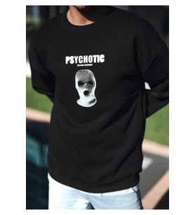 Kışlık Bisiklet Yaka Baskılı SweatShirt - Siyah