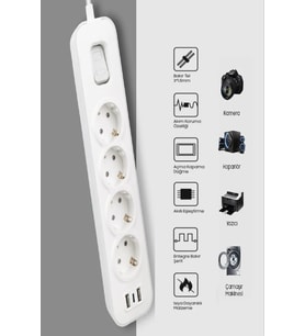 Akım Korumalı Grup Priz – 4’lü Priz + 2 USB + 1 Type-C, Anahtarlı, 1.5 Metre, Çocuk Korumalı
