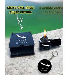 Kişiye Özel Isimli Zülfikar Tasarım Siyah Benzinli Çakmak Ve Anahtarlık Özel Ahşap Kutusunda