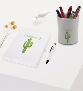 BK Gift Kişiye Özel Kaktüs Tasarımlı Beyaz Defter Kalem ve Kalemlik Hediye Seti - Model 1