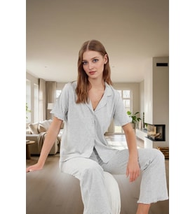 Kadın Leopar Desenli Pamuklu Pijama Takımı Regular Kalıp Rahat Ev Giyim Yüksek Kalite Ve Şık ( Gri-Melanj)