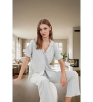 Kadın Leopar Desenli Pamuklu Pijama Takımı Regular Kalıp Rahat Ev Giyim Yüksek Kalite Ve Şık ( Gri-Melanj)