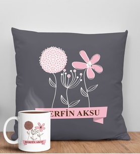 BK Gift Kişiye Özel İsimli Anneler Günü Tasarımlı Antrasit Kırlent Yastık ve Kupa Seti, Anneye Hediye, Ev Dekorasyonu, Anneler Günü Hediyesi-4