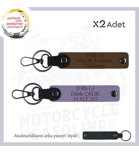 Motorcu Dostlara Hatıra, İsim Plaka ve 0 Rh (-) Kan Grubu Yazılı Özel x2 Anahtarlık, Kahve-Mor-Syh (Çok Renkli)