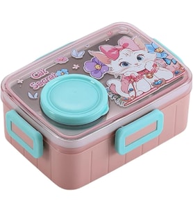 Bento 600ml Yeni Lunchbox Serisi Sevimli Desenli Tek Katlı Bölmesiz Mini Sosluklu Sızdırmaz Paslanmaz Çelik Sefer Tası Çocuk Okul Yemek Kutusu BPA Yok Özel Kutulu - Pembe