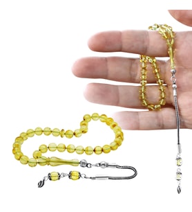 Damla Kehribar Tesbih - 925 Ayar Gümüş Püsküllü - Şeffaf Sarı Renk - Küre Kesim