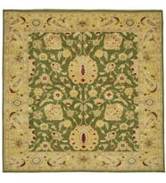 Yeşil Halı Sarı Detaylı Zarif Çiçekli Desenli El Dokuma Salon Halısı Kare Form Eskitme Vintage