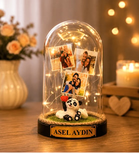 Kişiye Özel 3 Fotoğraflı LED Işıklı Pandalı Fanus - Sevgiliye Arkadaşa Fotoğraflı ve Yazılı Anlamlı Hediye