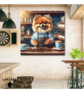 Kare Kanvas Kahve Köşesi Cafe Tablosu Barista Pomeranian Köpek