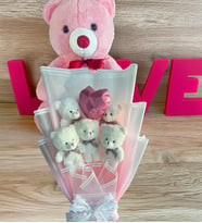 Premium 35 cm Peluş Ayı ve Kalp Balonlu Romantik Pembe Peluş Ayıcık Buketi