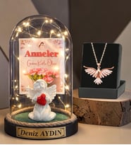 Anneler Günü Hediyesi Size Özel Led Işıklı Melek Annem Fanus ve Anka Kuşu Kolye