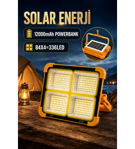 Solar Enerjili 336 LED Şarjlı Projektör 12000 mAh Powerbank Kamp ve Acil Durum Lambası