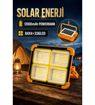 Solar Enerjili 336 LED Şarjlı Projektör 12000 mAh Powerbank Kamp ve Acil Durum Lambası