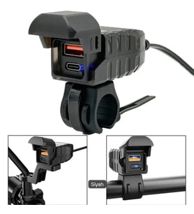 Type C ve Usb portlu Voltmetre göstergeli motosiklet şarj aparatı