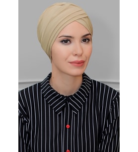 Bej Pratik Hazır Geçmeli Tesettür Bone Sandy Kumaş Üç Çapraz 1803_12