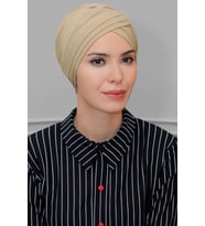 Bej Pratik Hazır Geçmeli Tesettür Bone Sandy Kumaş Üç Çapraz 1803_12