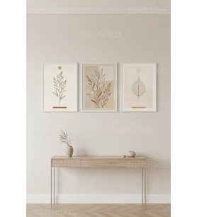 Minimalist Botanik Yaprak Desenli 3’lü Ahşap Çerçeveli Tablo Seti
