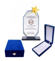 Kristal Cam Plaket Füme renk metal yıldızlı kadife kutulu