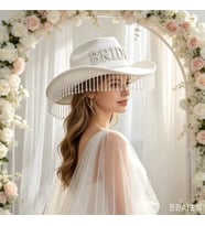 Valkyrie Bride Yazılı Beyaz Gelin Kovboy Şapkası Taşlı İncili Püsküllü Bekarlığa Veda Düğün Aksesuarı