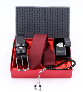 Kişiye Özel Zippo Tarzı Çakmak & Siyah Suni Deri Kemer & Siyah Tesbih & Bordo Kravat Hediye Seti