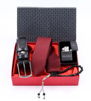 Kişiye Özel Zippo Tarzı Çakmak & Siyah Suni Deri Kemer & Siyah Tesbih & Bordo Kravat Hediye Seti
