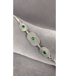 Telkari Zümrüt Taşlı Parmak İzi Oval Gümüş Kadın Bileklik