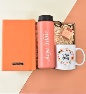 Kişiye Özel Turuncu Cam Suluk& Turuncu Defter& Baskılı Kupa& Teashop Bitki Çayı Hediye Seti