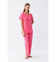 Kadın Kısa Kol Pamuk Penye Pijama Takım Fuşya