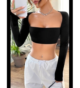 Fantezia Night Kadın Siyah Uzun Kol Göğüs ve Sırt Dekolteli Crop Top Bluz