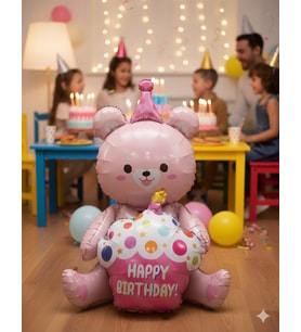 92x73 Cm – Folyo Balon Oturan Ayı Cupcakeli Pembe Parti ve Doğum Günü Balonu