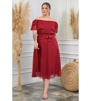 Kadın Bordo Kuşaklı Midi Boy Büyük Beden Şifon Elbise Nb8061