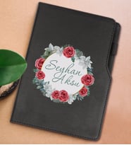 BK Gift Kişiye Özel Çiçek Tasarımlı Siyah Termo Deri Not Defteri 15x21cm-8