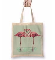 Aşk Kuşları Flamingo 4 Bez Çanta Uzun Saplı