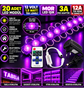 20 Adet 12V 1,5W Tek Lensli 3030 Mor Led Modül 3A Priz Adaptör 12A Tek Renk RF Dimmer Set